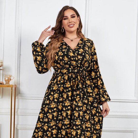 Melo Apparel Plus Size Floral Surplice Neck Long Sleeve Dress - Picture 1 of 7